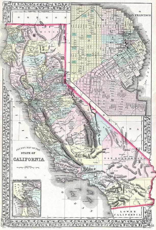 1872 Mitchell Map of California w- San Francisco Inset  Photograph by Paul Fearn