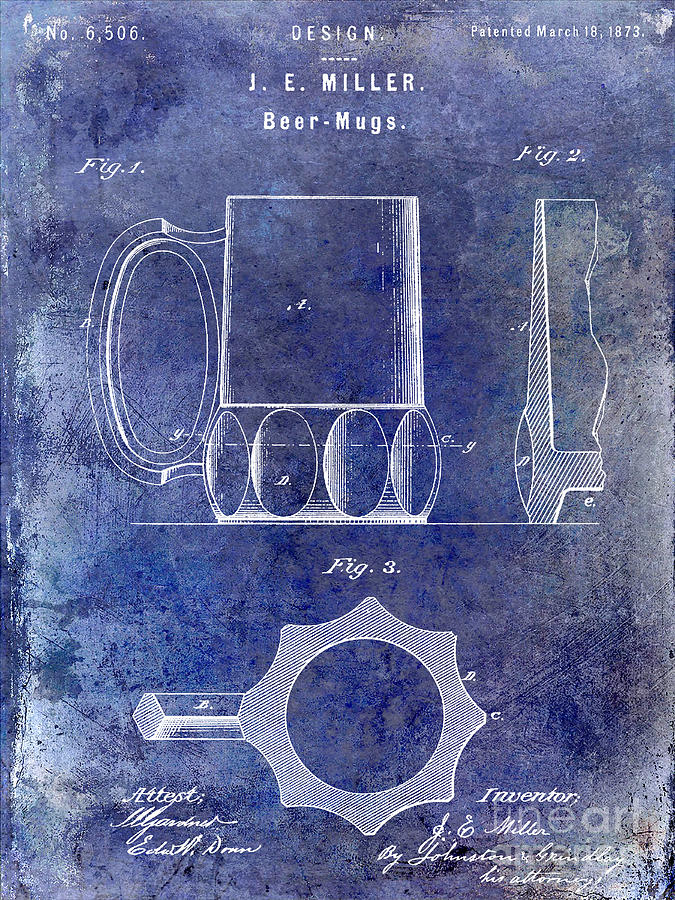 Beer Photograph - 1873 Beer Mug Patent Blue by Jon Neidert