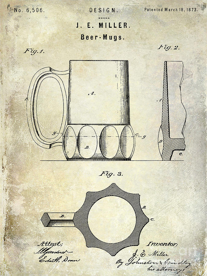Beer Photograph - 1873 Beer Mug Patent by Jon Neidert