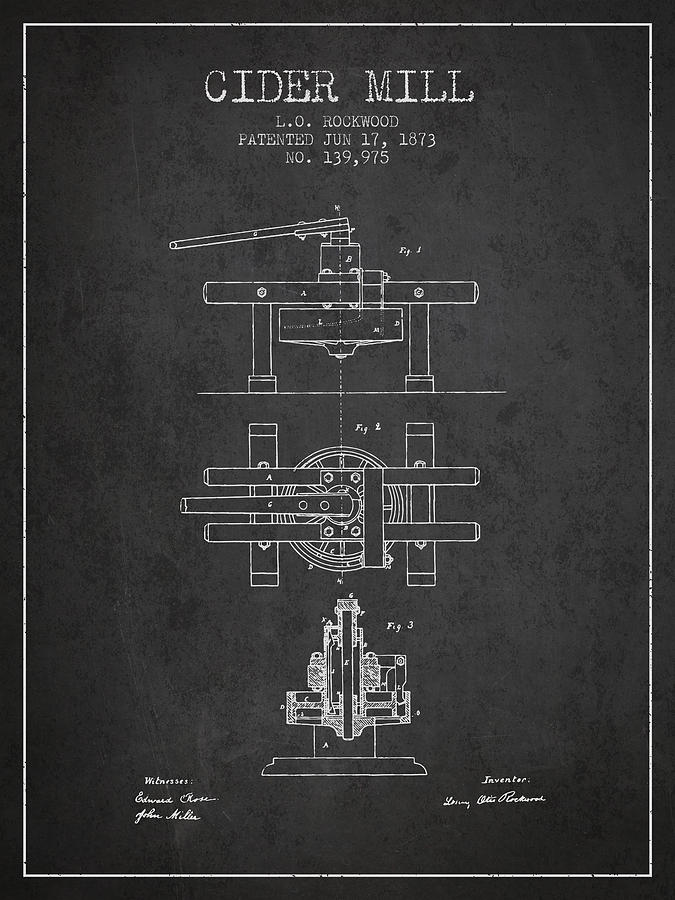Juice Digital Art - 1873 Cider Mill Patent - Charcoal by Aged Pixel