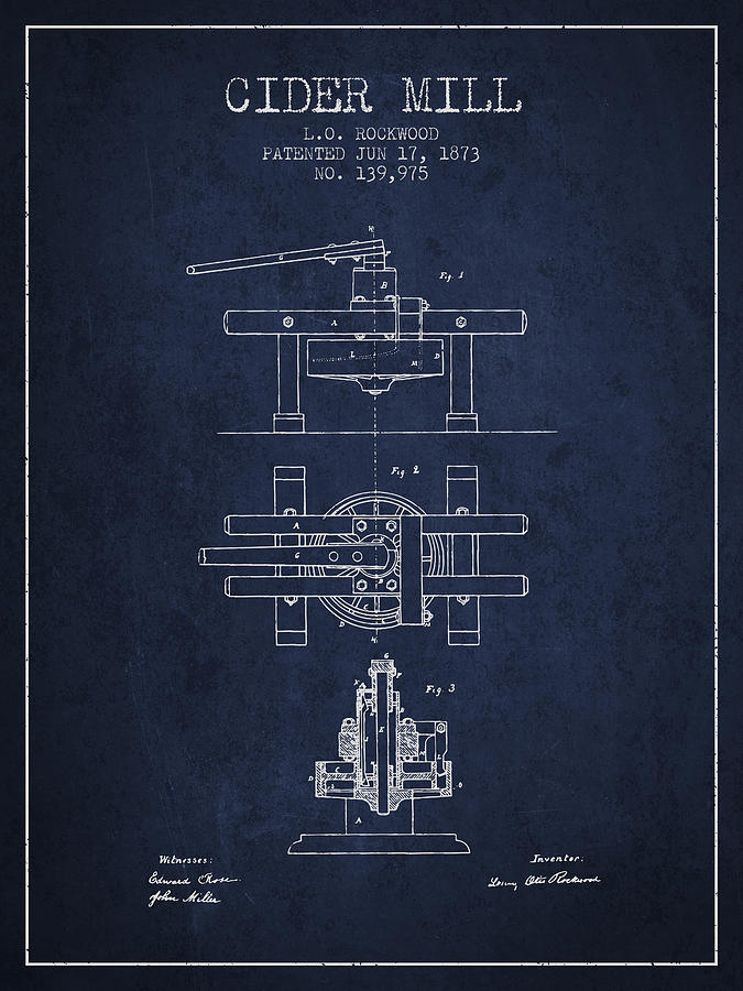 Juice Digital Art - 1873 Cider Mill Patent - Navy Blue by Aged Pixel