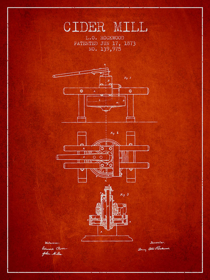 Juice Digital Art - 1873 Cider Mill Patent - Red by Aged Pixel