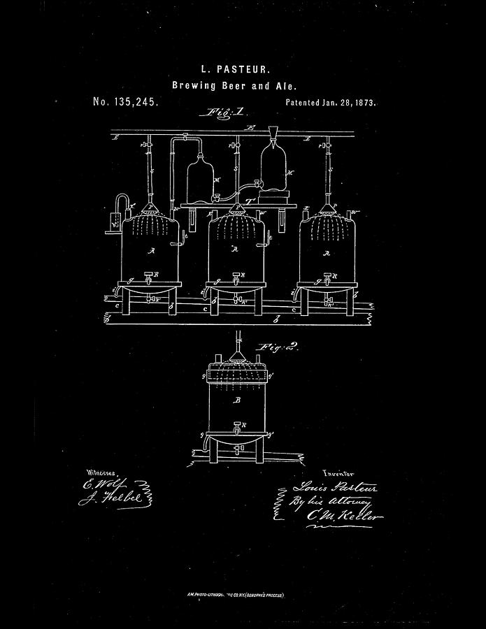 1873 Louis Pasteur Beer Brewing Patent Drawing Drawing by Steve Kearns