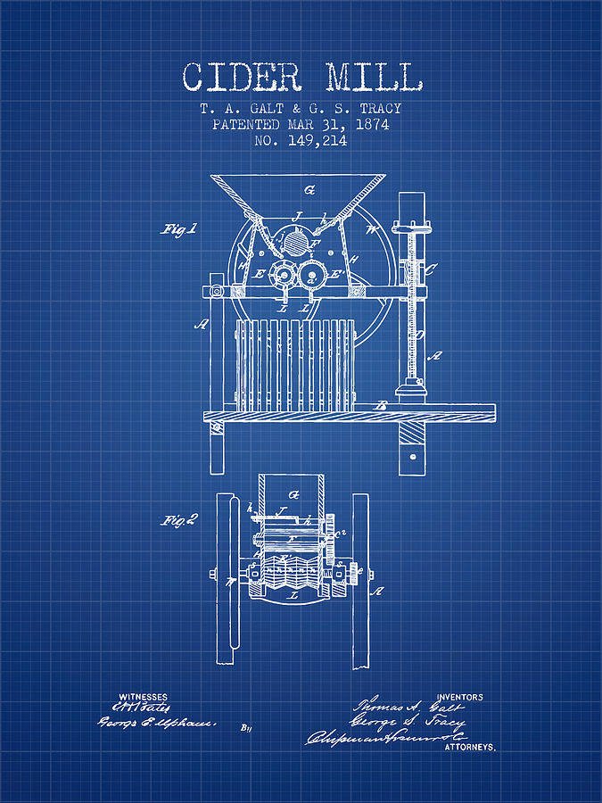 Juice Digital Art - 1874 Cider Mill Patent - Blueprint by Aged Pixel