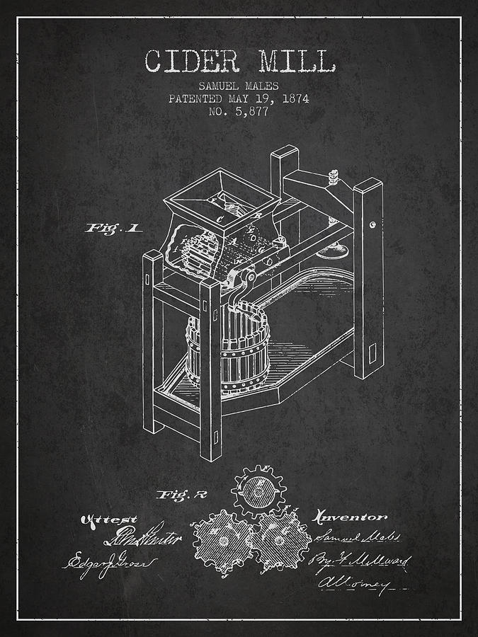 1874 Cider Mill Patent - Charcoal 02 Digital Art