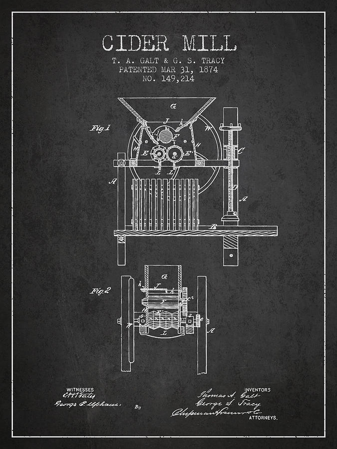 Juice Digital Art - 1874 Cider Mill Patent - Charcoal by Aged Pixel