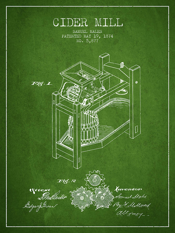Juice Digital Art - 1874 Cider Mill Patent - Green 02 by Aged Pixel