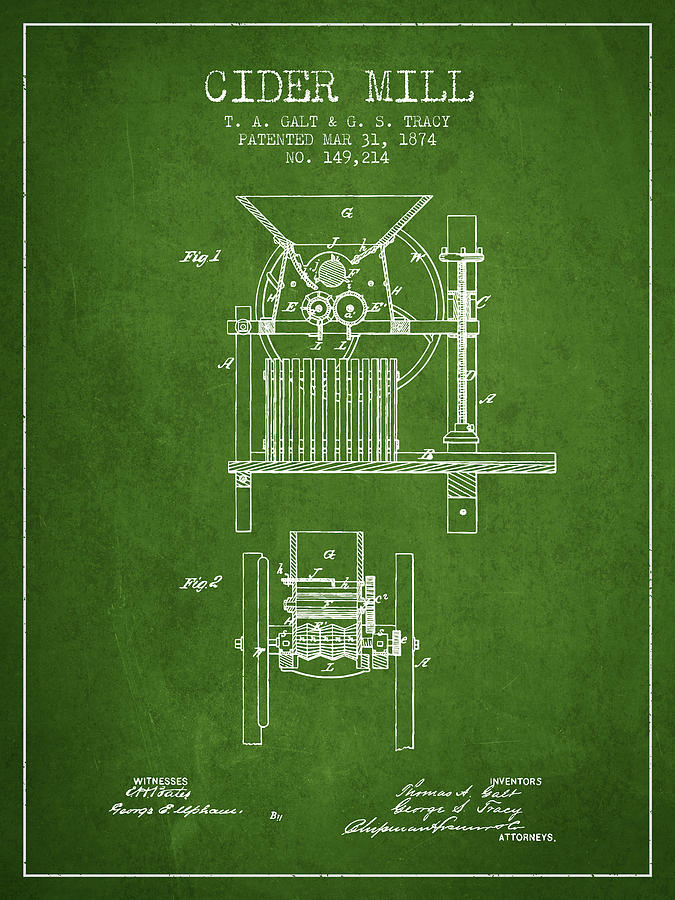 Juice Digital Art - 1874 Cider Mill Patent - Green by Aged Pixel