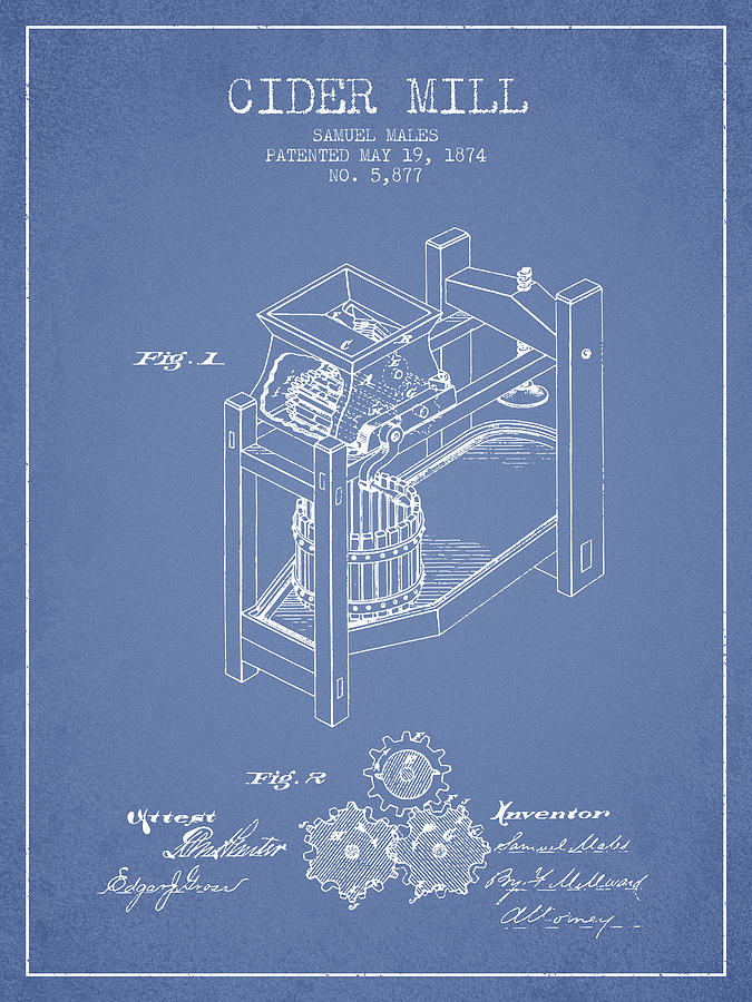 Juice Digital Art - 1874 Cider Mill Patent - Light Blue 02 by Aged Pixel