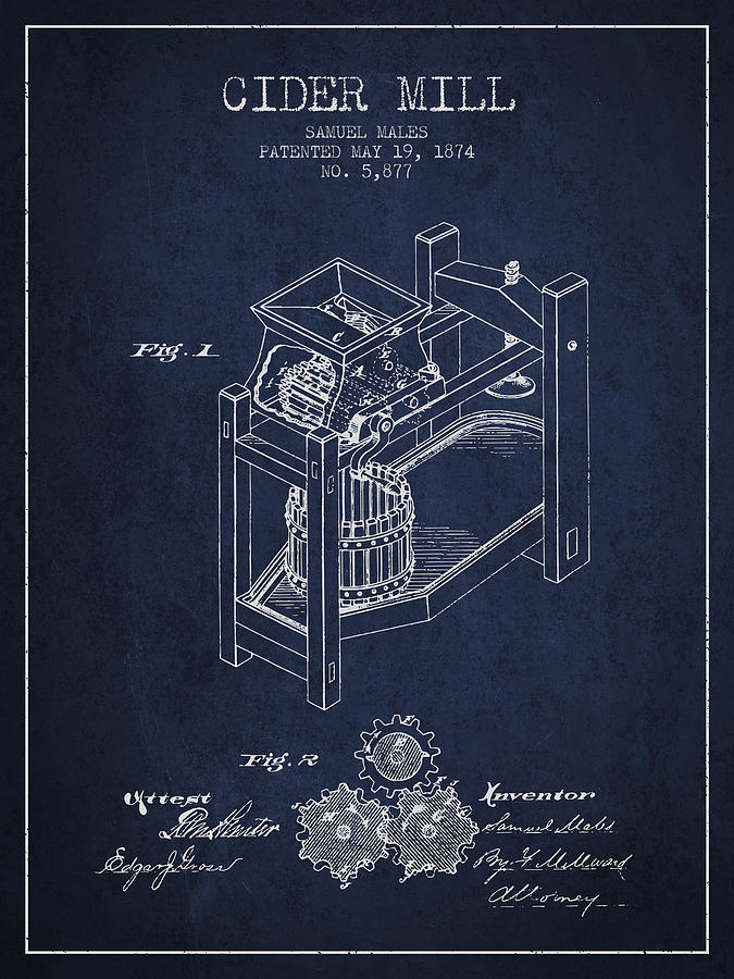 Juice Digital Art - 1874 Cider Mill Patent - Navy Blue 02 by Aged Pixel