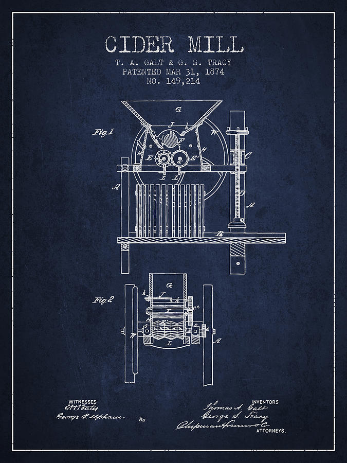 1874 Cider Mill Patent - Navy Blue Digital Art
