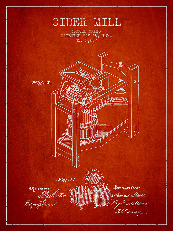 Juice Digital Art - 1874 Cider Mill Patent - Red 02 by Aged Pixel