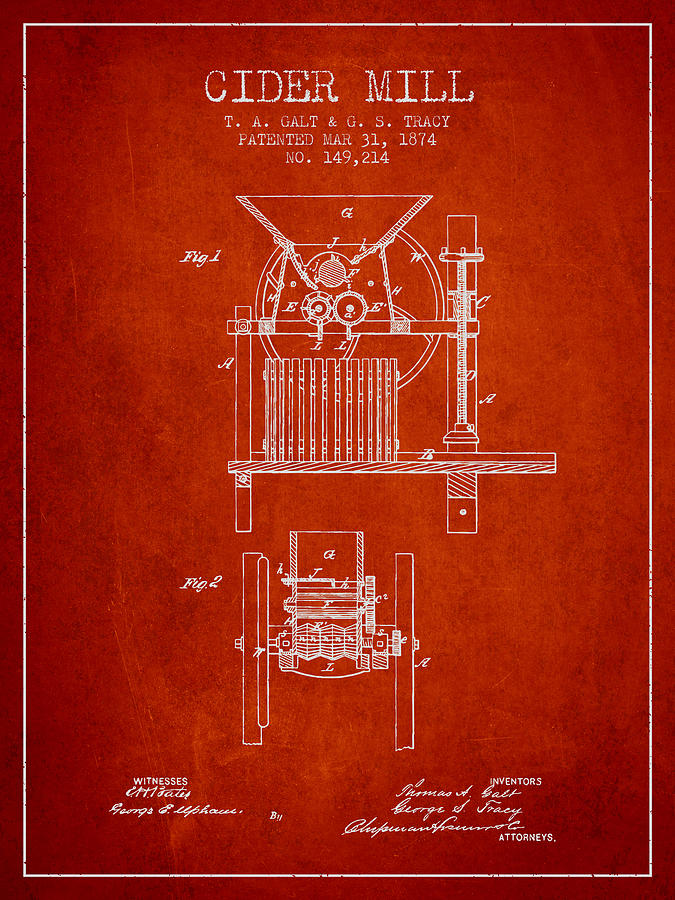 Juice Digital Art - 1874 Cider Mill Patent - Red by Aged Pixel