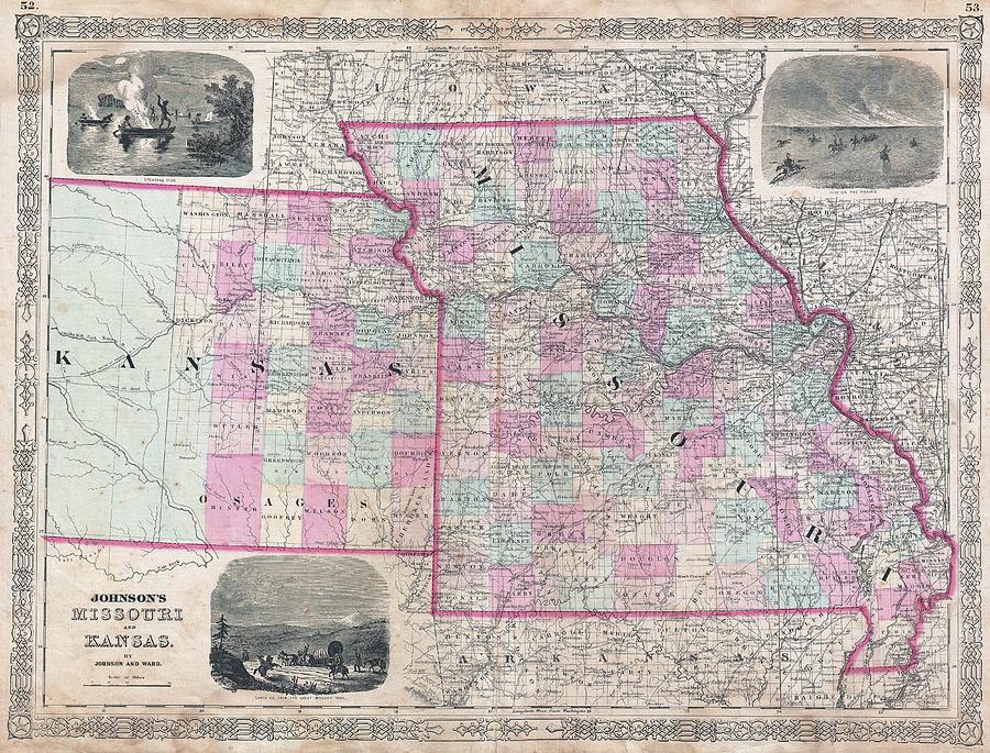 1874 Johnson Map of Missouri and Kansas  Photograph by Paul Fearn
