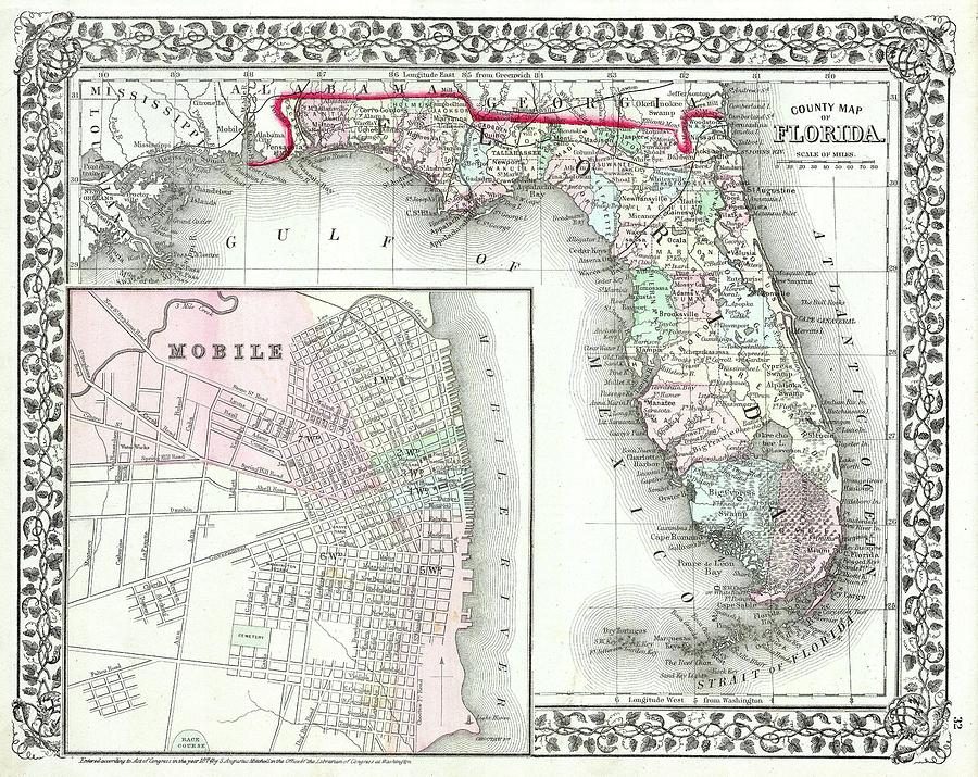 1874 Mitchell Map of Florida w Mobile Alabama inset Photograph by Paul Fearn
