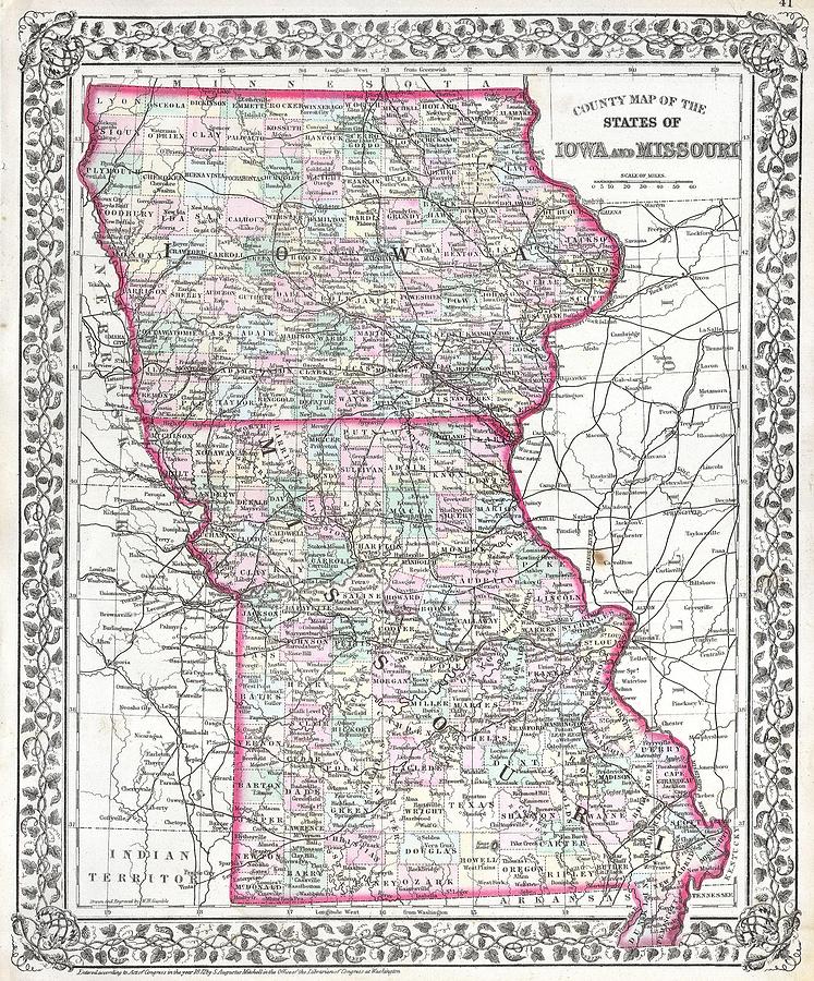 1874 Mitchell Map of Iowa and Missouri  Photograph by Paul Fearn