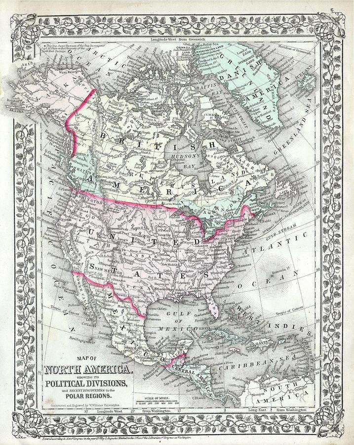 1874 Mitchell Map of North America the United States Photograph by Paul Fearn