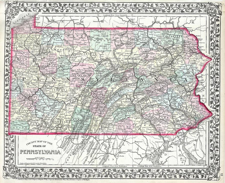 1874 Mitchell Map of Pennsylvania  Photograph by Paul Fearn