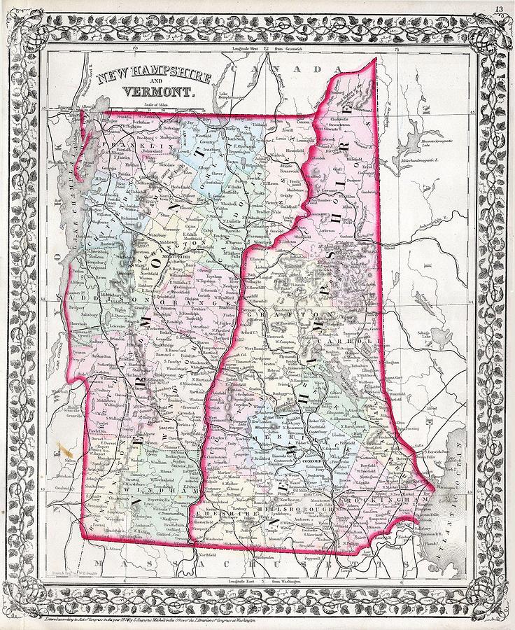 1874 Mitchell Map of Vermont and New Hampshire Photograph by Paul Fearn