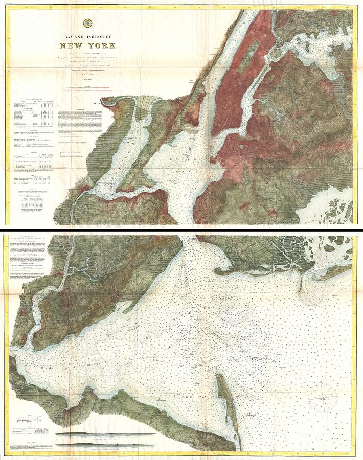 1874 US Coast Survey Map of New York City Bay and Harbor 2 part  Photograph by Paul Fearn