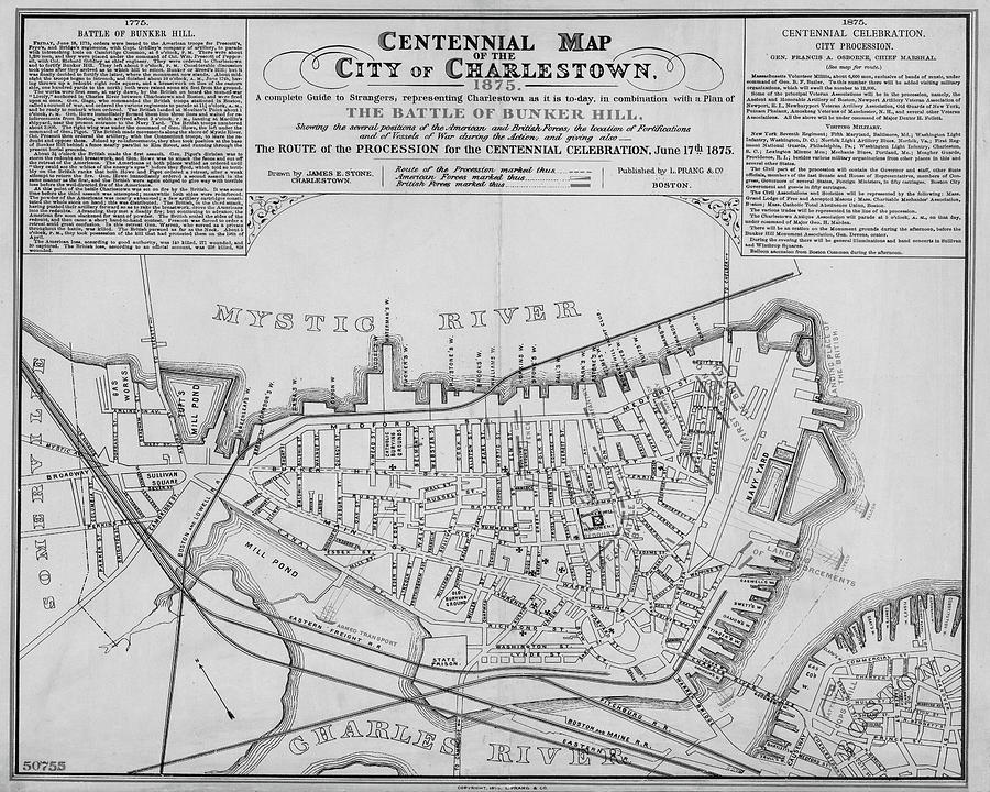 1875 Centennial Charlestown Map Charlestown MA Black and White Digital Art by Toby McGuire