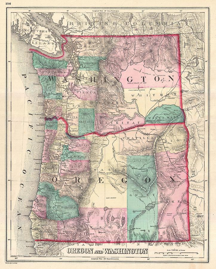 1875 Gray Map of Washington and Oregon Photograph by Paul Fearn