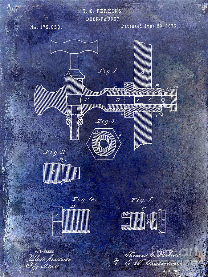 Beer Photograph - 1876 Beer Faucet Patent Blue by Jon Neidert