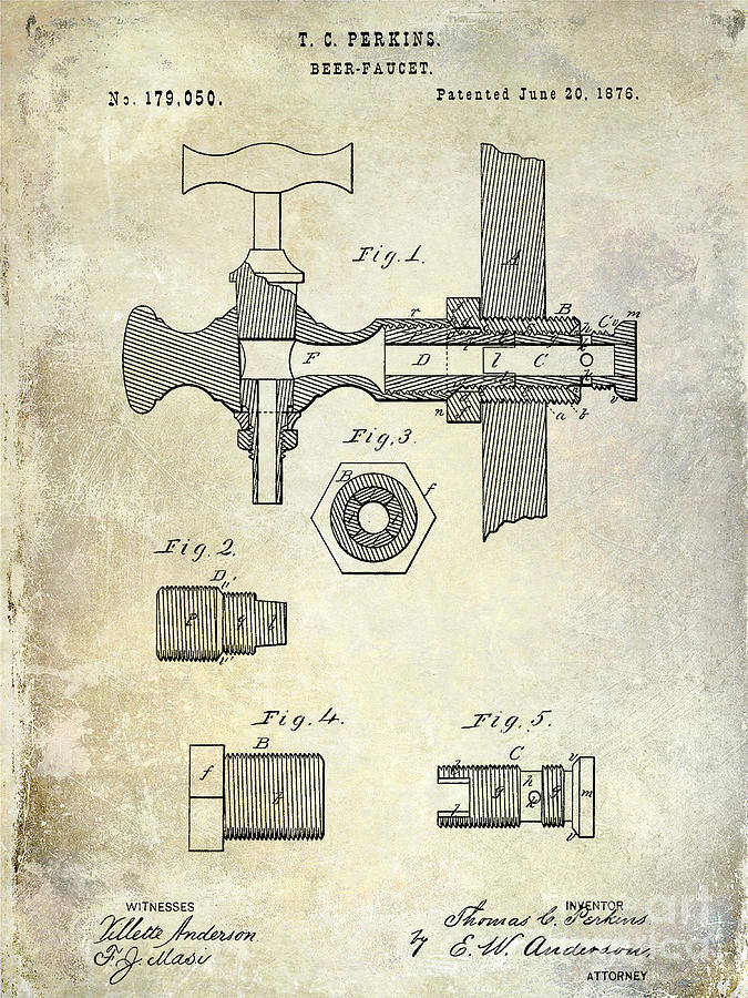 Beer Photograph - 1876 Beer Faucet Patent by Jon Neidert