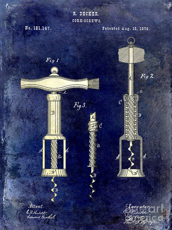 1876 Corkscrew Patent Drawing 2 Tone Blue Photograph by Jon Neidert