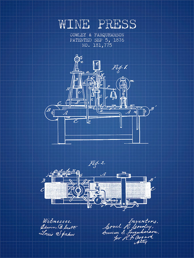 1876 Wine Press Patent - Blueprint Digital Art