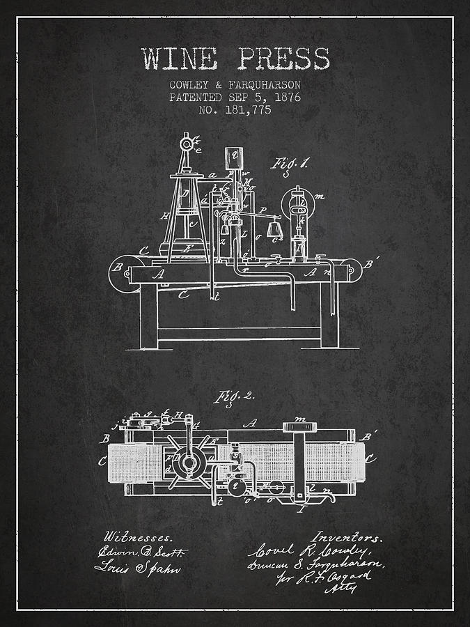 Wine Digital Art - 1876 Wine Press Patent - Charcoal by Aged Pixel