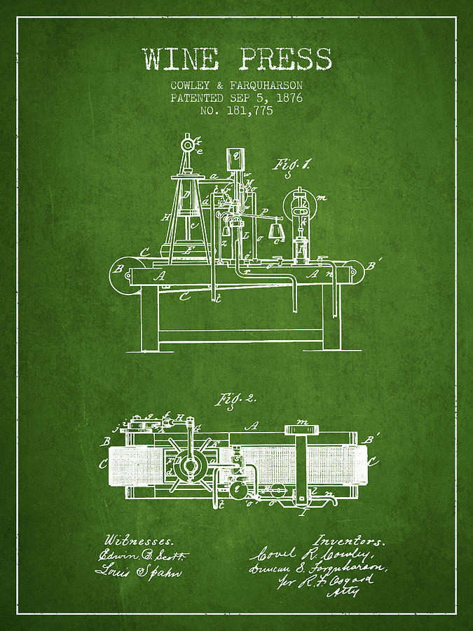 Wine Digital Art - 1876 Wine Press Patent - Green by Aged Pixel