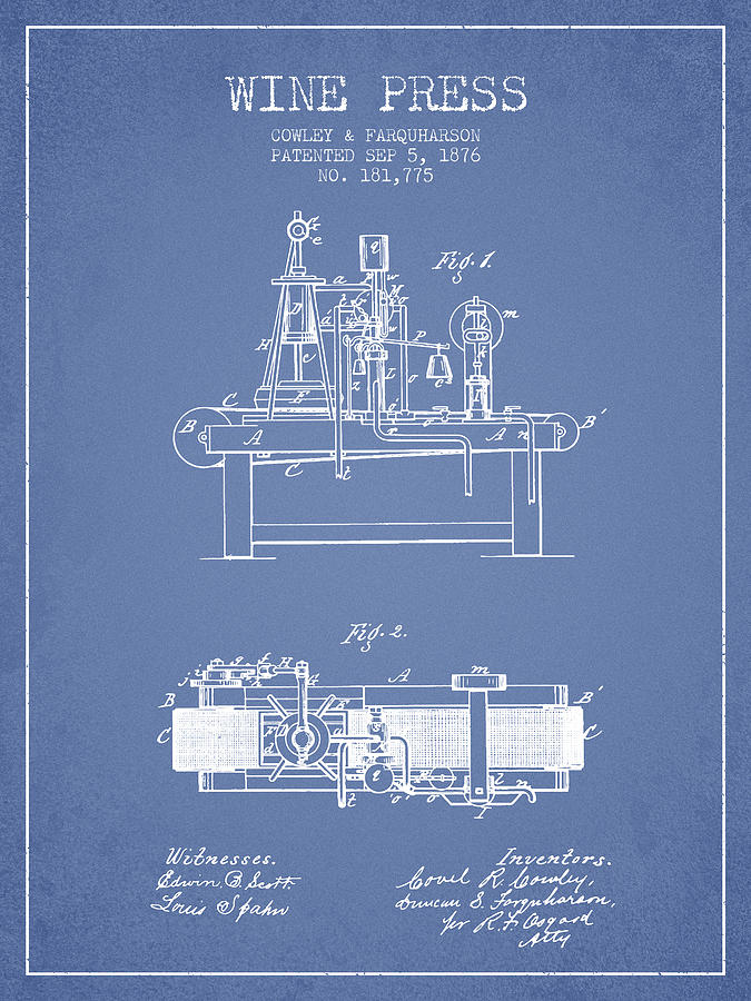 Wine Digital Art - 1876 Wine Press Patent - Light Blue by Aged Pixel
