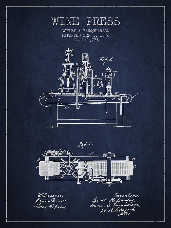 Wine Digital Art - 1876 Wine Press Patent - navy Blue by Aged Pixel