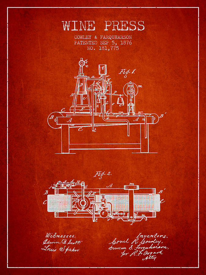1876 Wine Press Patent - Red Digital Art