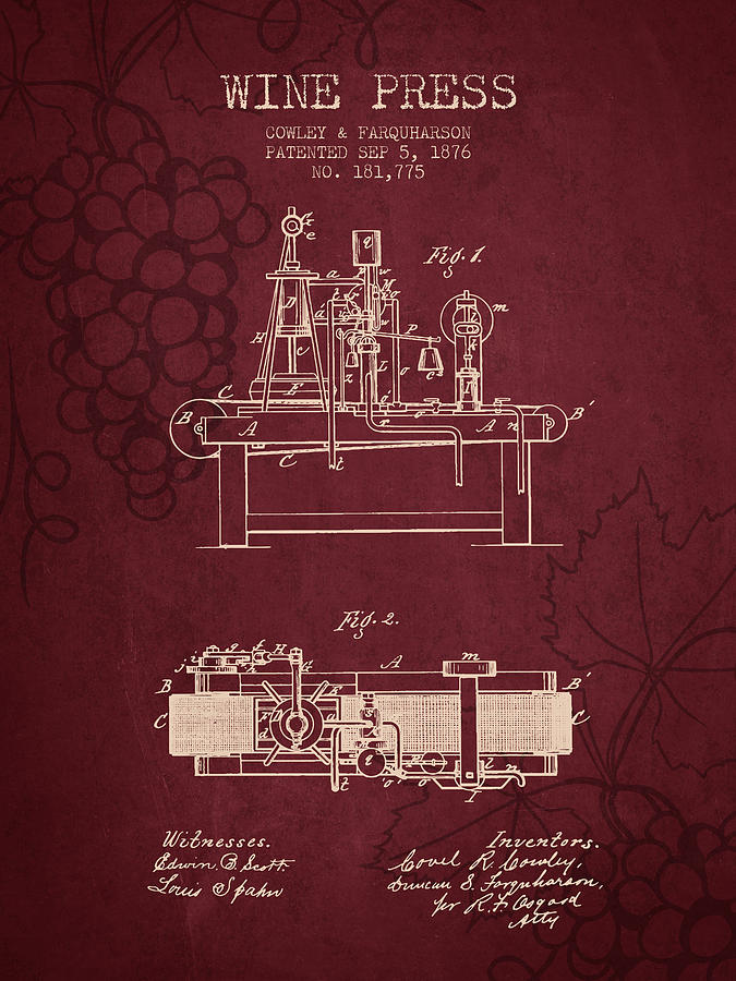 1876 Wine Press Patent - Red Wine Digital Art
