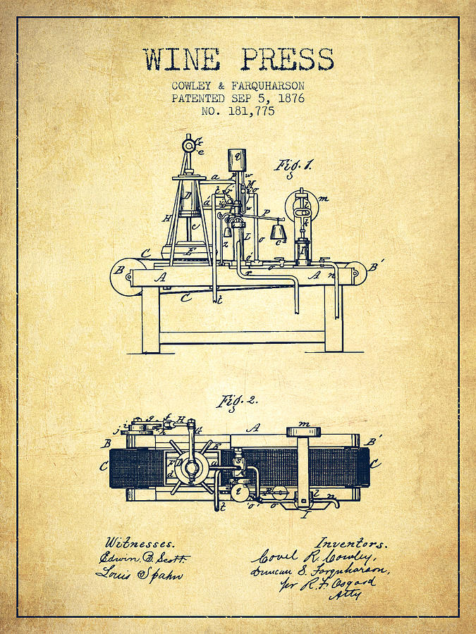 1876 Wine Press Patent - Vintage Digital Art