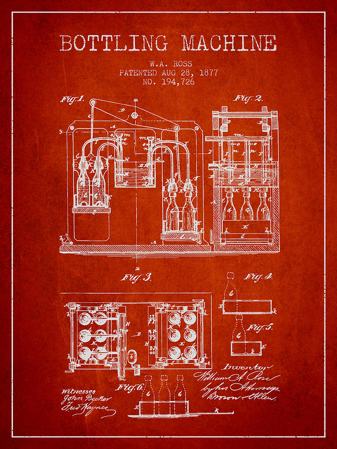 1877 Bottling Machine Patent - Red Digital Art