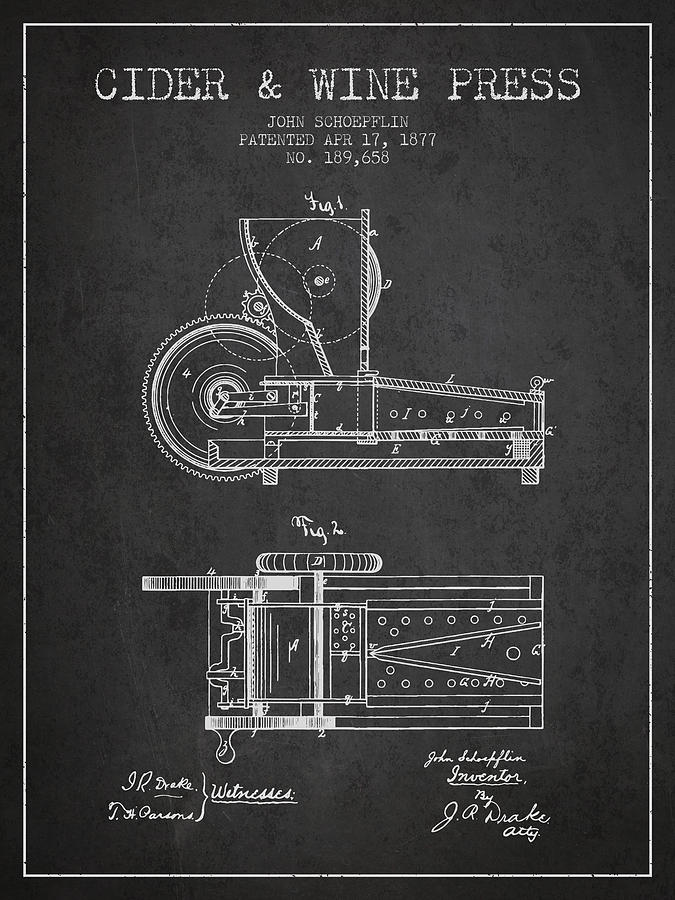 Wine Digital Art - 1877 Cider and Wine Press Patent - charcoal by Aged Pixel