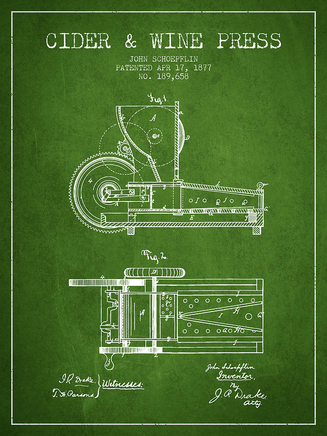 1877 Cider And Wine Press Patent - Green Digital Art