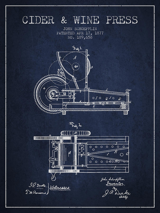 Wine Digital Art - 1877 Cider and Wine Press Patent - navy blue by Aged Pixel