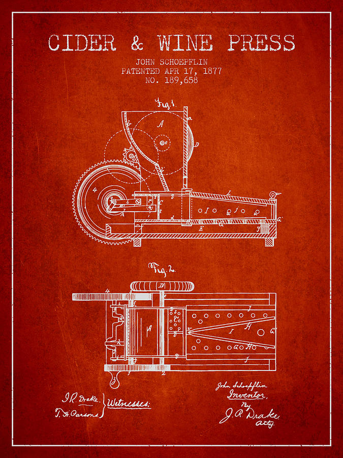 1877 Cider And Wine Press Patent - Red Digital Art