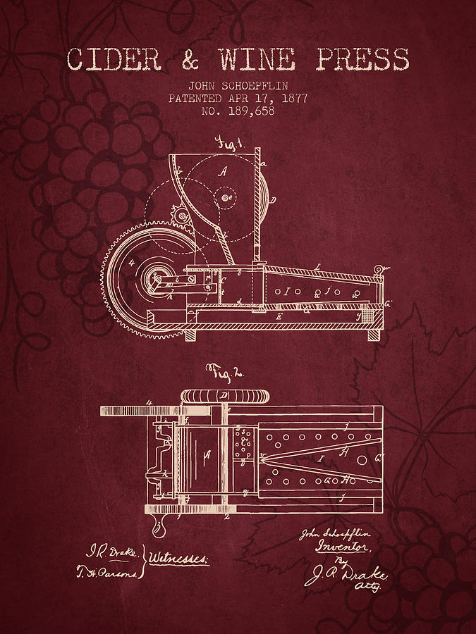 Wine Digital Art - 1877 Cider and Wine Press Patent - red wine by Aged Pixel