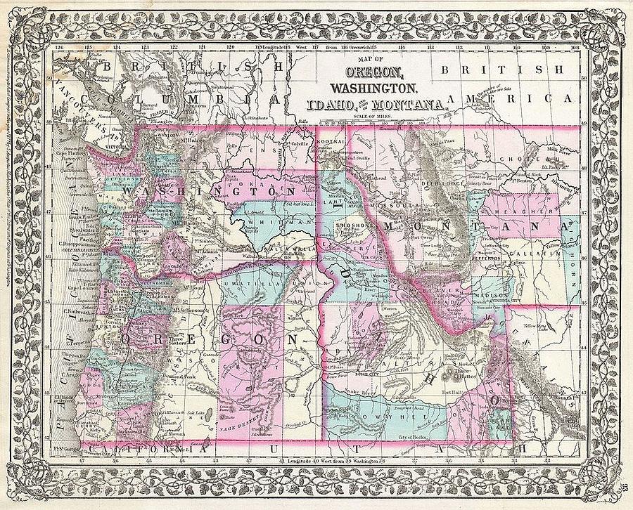 1877 Mitchell Map of Oregon Washington Idaho and Montana Photograph by Paul Fearn