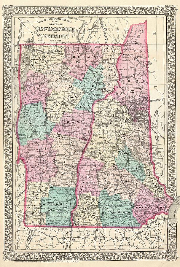 1877 Mitchell Map of Vermont and New Hampshire  Photograph by Paul Fearn