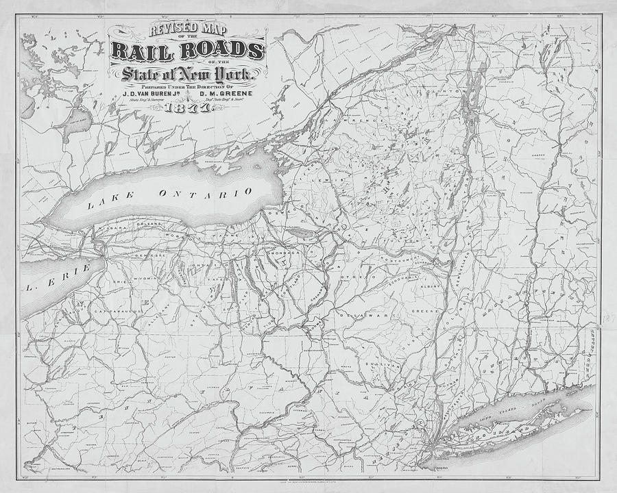 1877 New York State Railroad Map Black and White Digital Art by Toby McGuire
