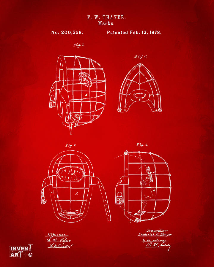 Baseball Digital Art - 1878 Baseball Catchers Mask Patent - Red by Nikki Marie Smith