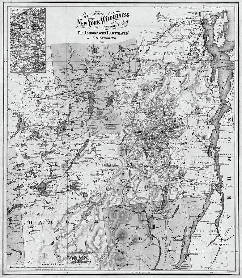 1879 Adirondacks Wilderness Map Upstate New York Black and White Photograph by Toby McGuire