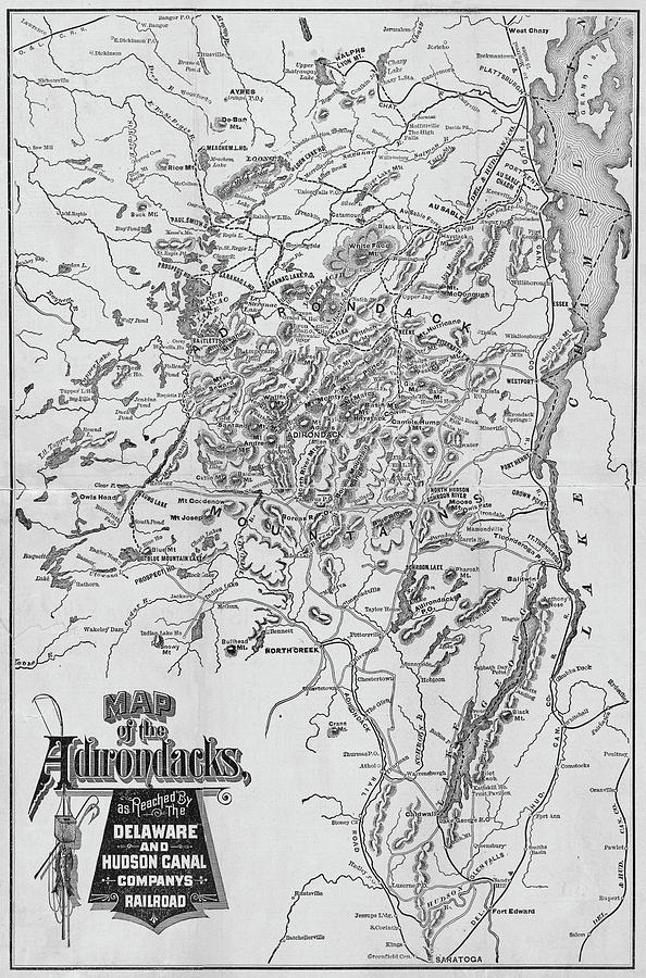 1880 Map of the Adirondacks Railroad Upstate New York Black and White Photograph by Toby McGuire
