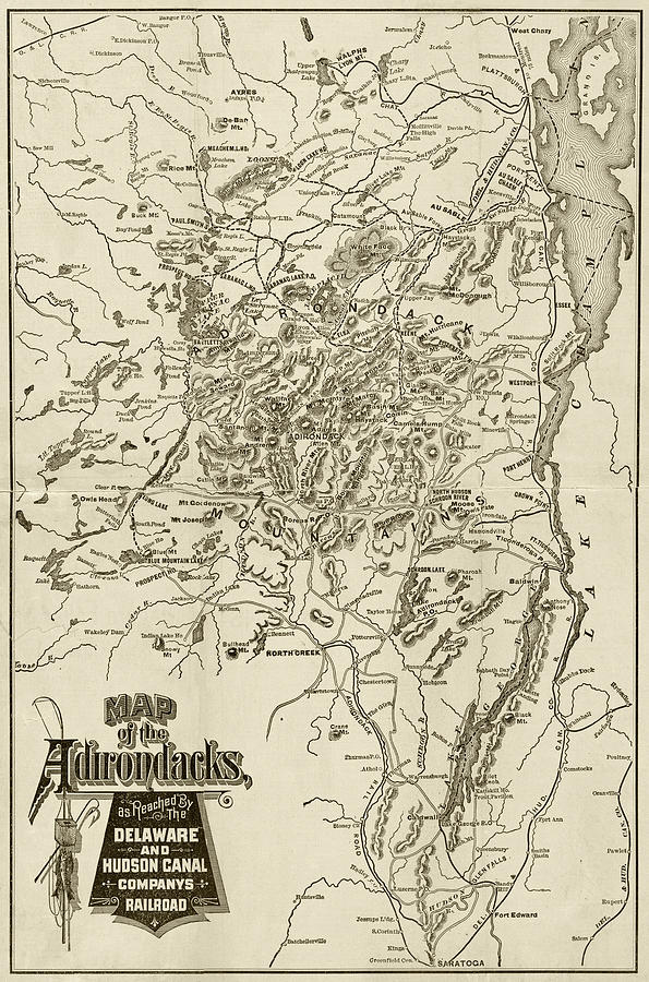 1880 Map of the Adirondacks Railroad Upstate New York Sepia Photograph by Toby McGuire